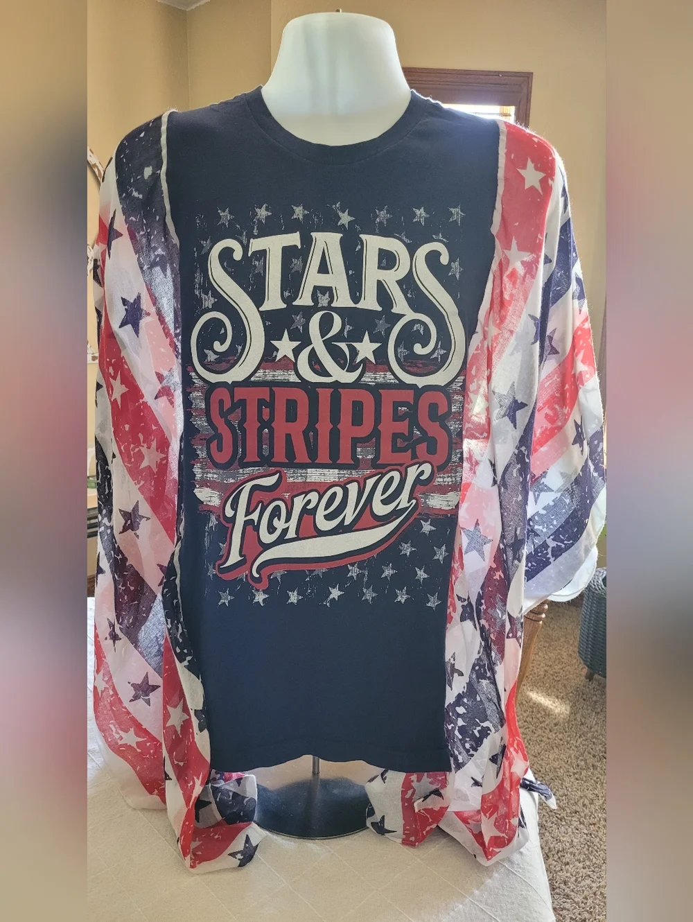 Bella Canvas Stars & Stripes Forever Navy Blue Patriotic Tee With Scarf Sleeves - Picture 1 of 4